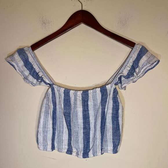 Alice + Olivia Tops - Alice + Olivia Blue and White Striped Off-Shoulder Top